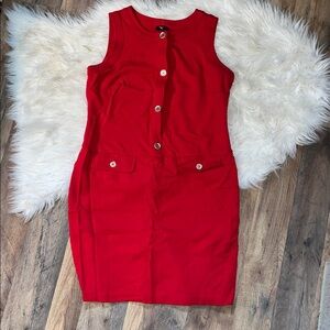 Talbots red ponte knit sheath dress with gold button detail 8/P